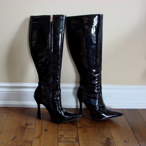 Aldo Black Pantent Leather Knee High Stiletto Boots Pointy Toe Size UK 5 US 7.5 - Picture 2 of 16